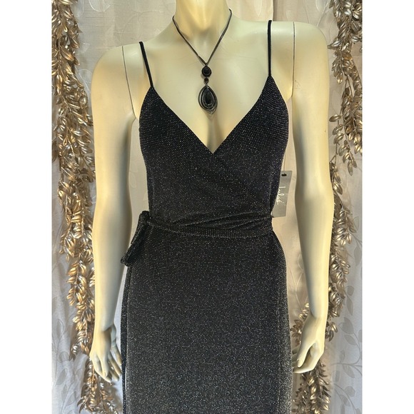 Lulus Celestial Black Silver Metallic Wrap Maxi Dress XS NWT Formal - Picture 7 of 14
